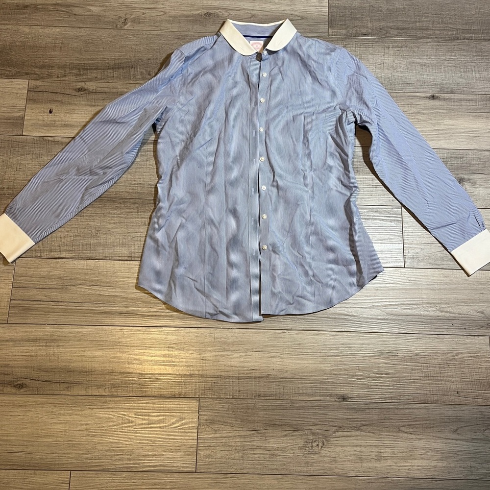 Vintage Blue Striped Button Down Shirt Women Sz10 White Collar 100%Cotton Office